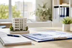 Maquette d’un immeuble avec documents de gestion locative