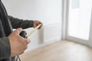 Professionnel mesurant une pièce avec un mètre ruban